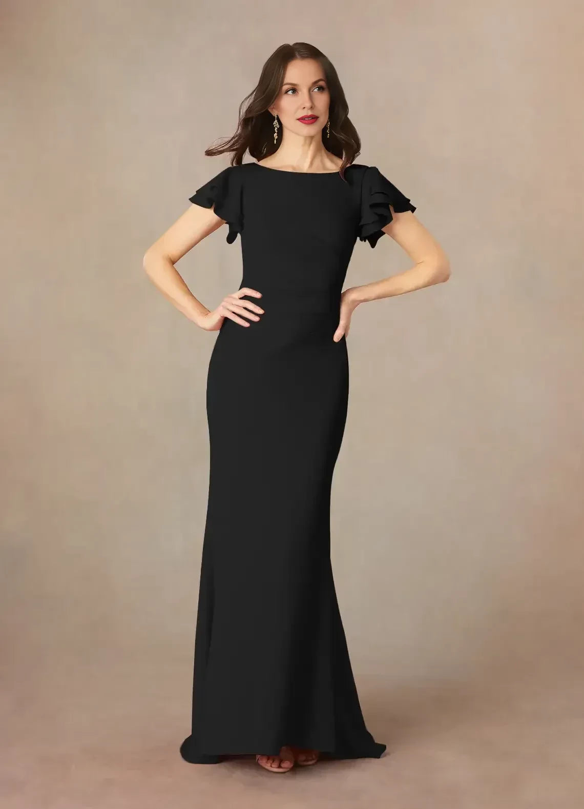 Stylish Mermaid Boat Neck Flutter Sleeve Ruched Back Floor Length Mother of the Bride Dress