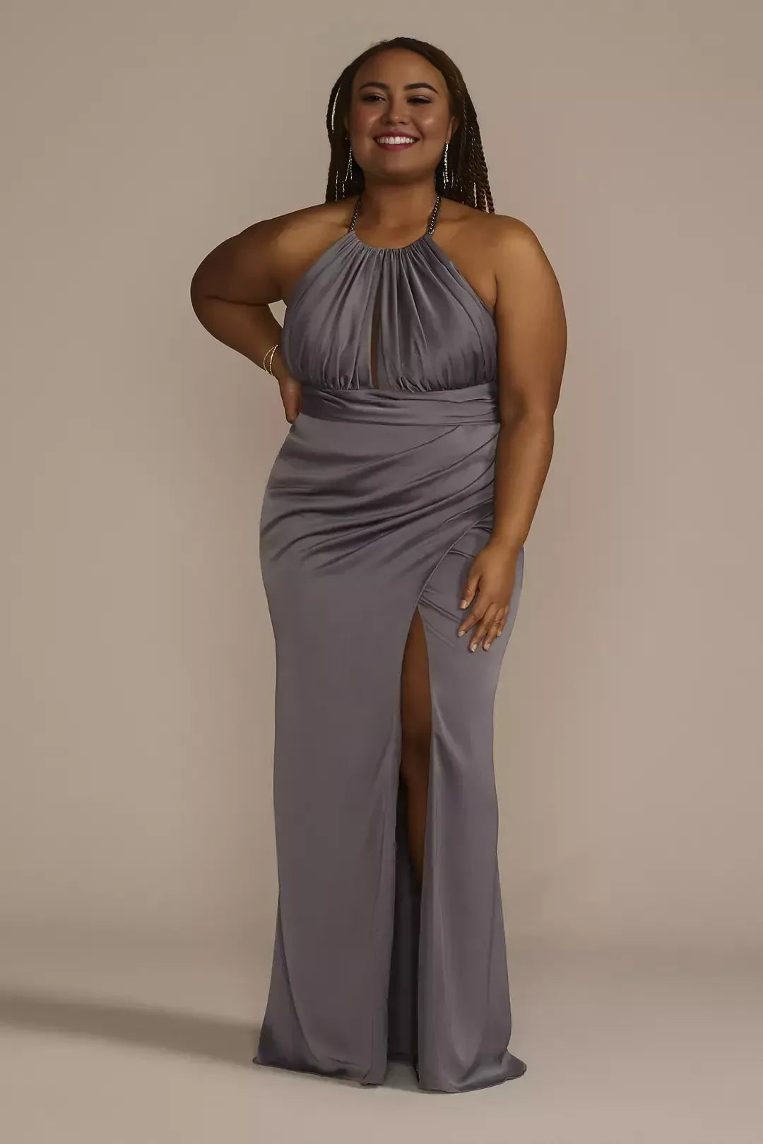 Stylish Mermaid Halter Neck Sleeveless Ruched Back Floor Length Plus Size Mother of the Bride Dress