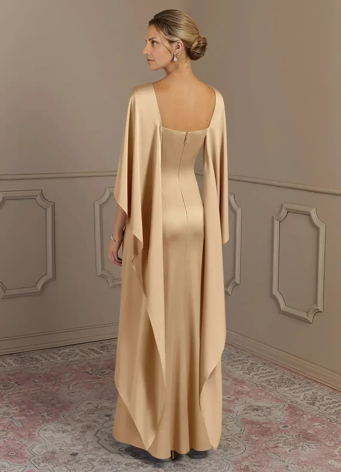 Stylish Sheath Boat Neck Cape Sleeve Zipper Back Floor Length Mother of the Bride Dress