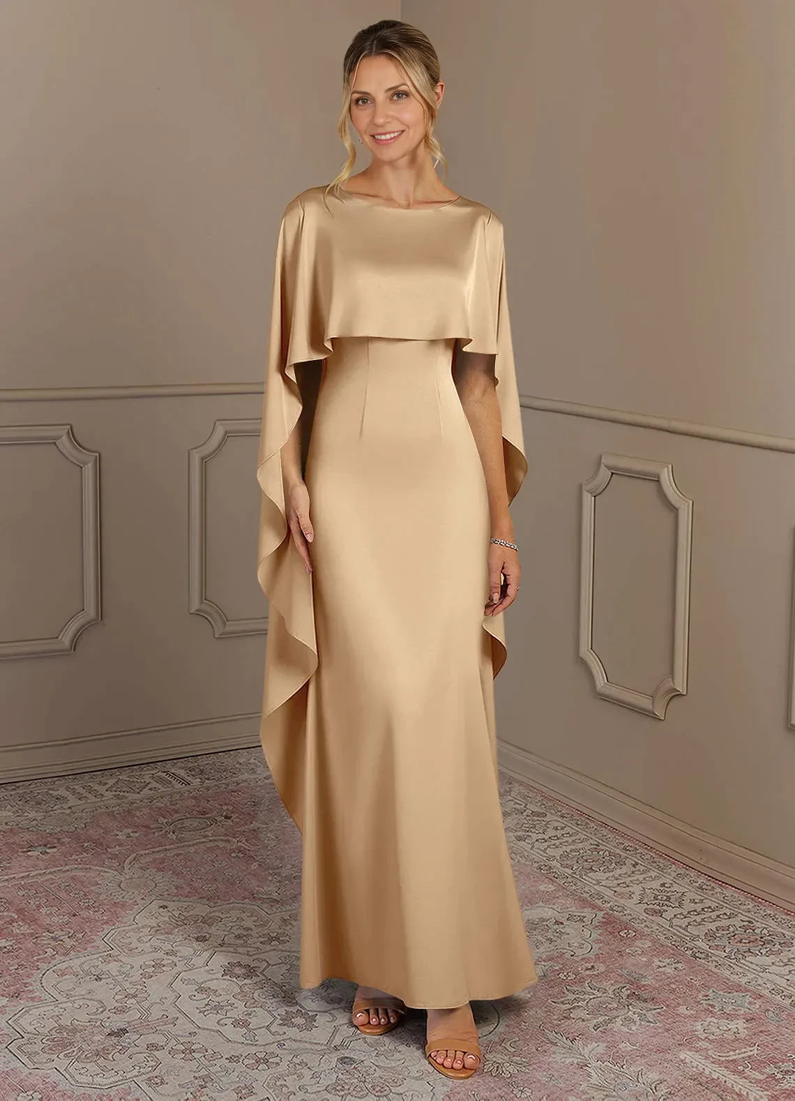 Stylish Sheath Boat Neck Cape Sleeve Zipper Back Floor Length Mother of the Bride Dress