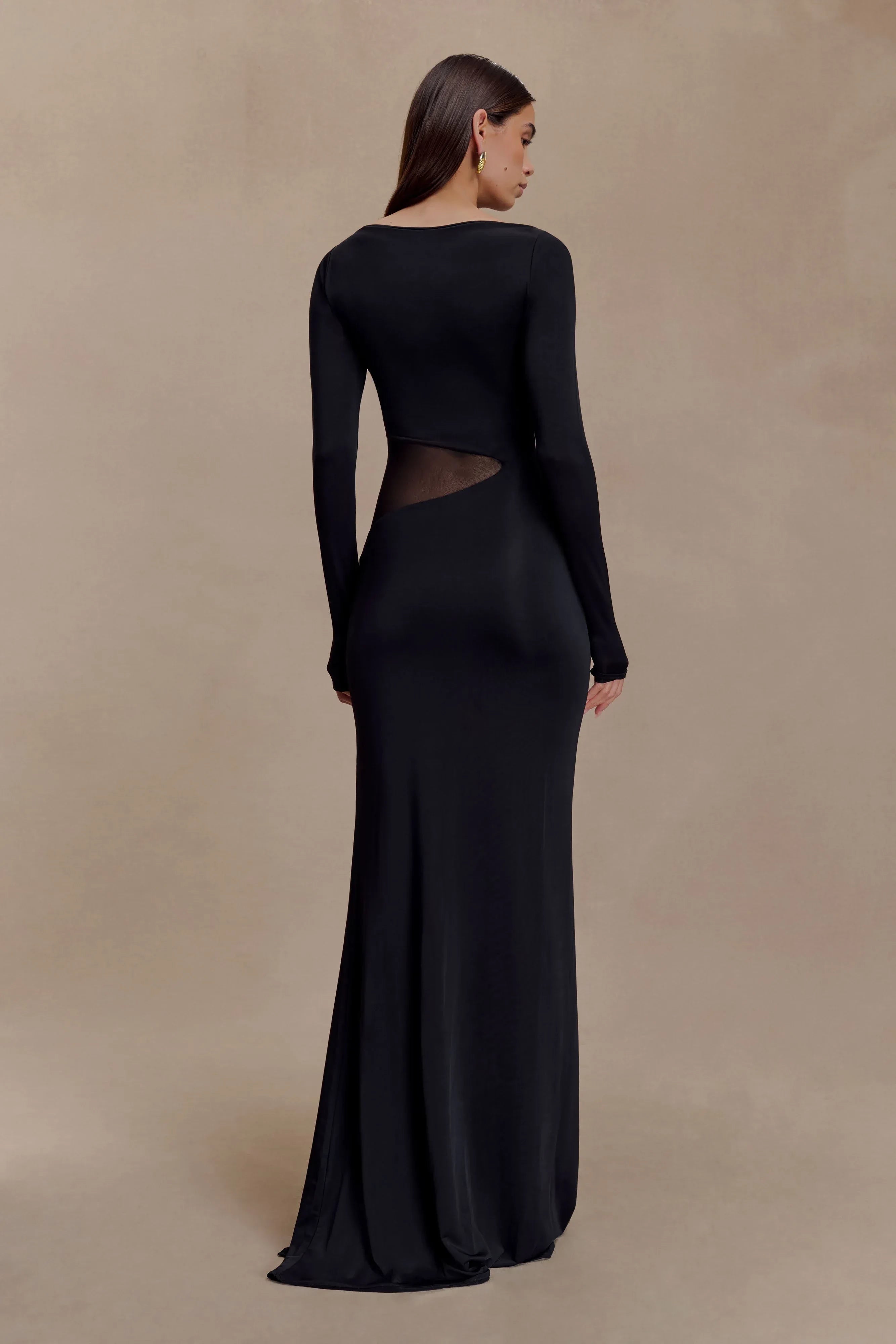 Stylish Sheath Boat Neck Long Sleeve Sheer Cutout Back Floor Length Prom Dress