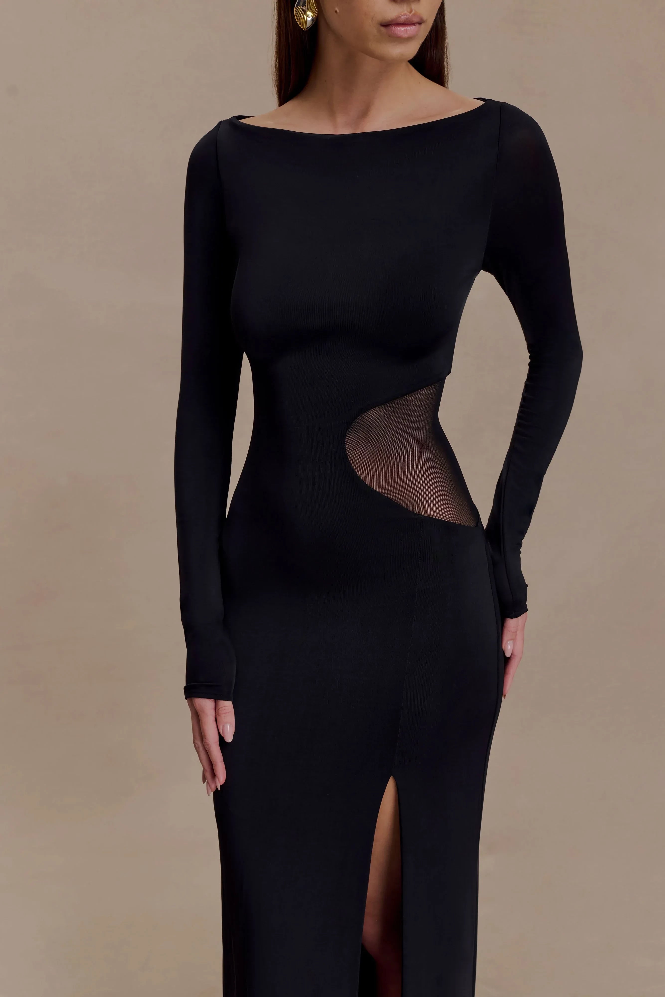 Stylish Sheath Boat Neck Long Sleeve Sheer Cutout Back Floor Length Prom Dress