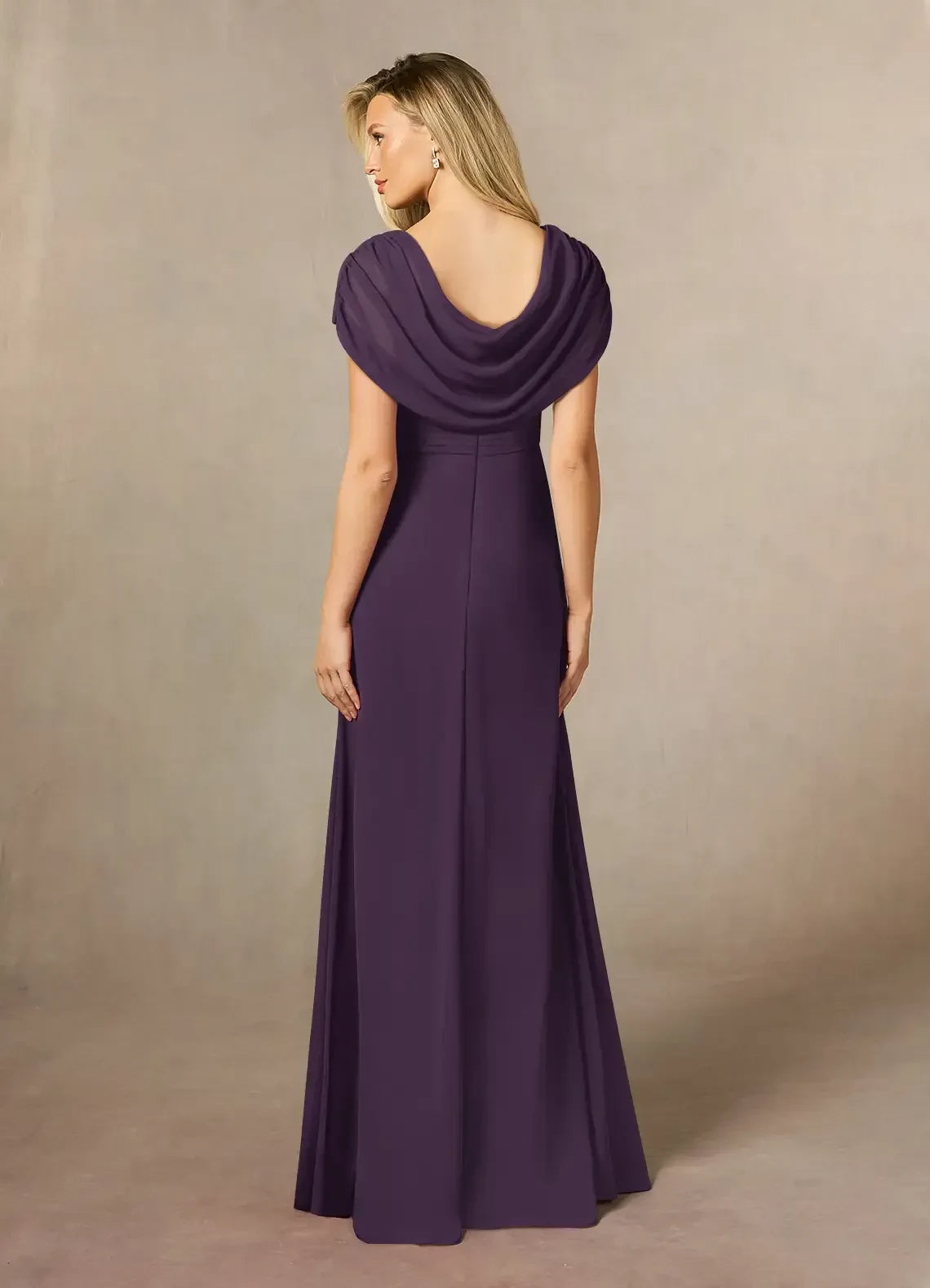 Stylish Sheath Cowl Neck Cap Sleeve Draped Back Floor Length Mother of the Bride Dress