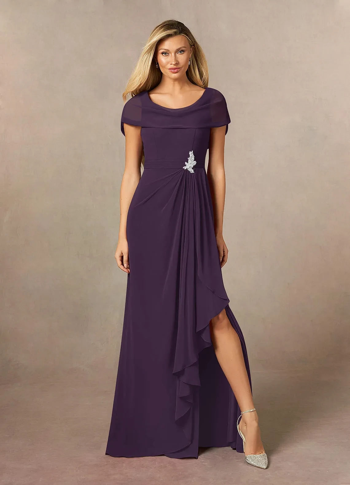 Stylish Sheath Cowl Neck Cap Sleeve Draped Back Floor Length Mother of the Bride Dress