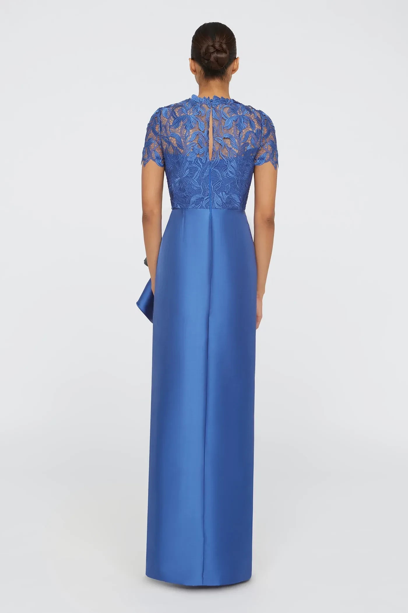 Stylish Sheath Lace Neck Short Sleeve Ruffled Back Floor Length Prom Dress