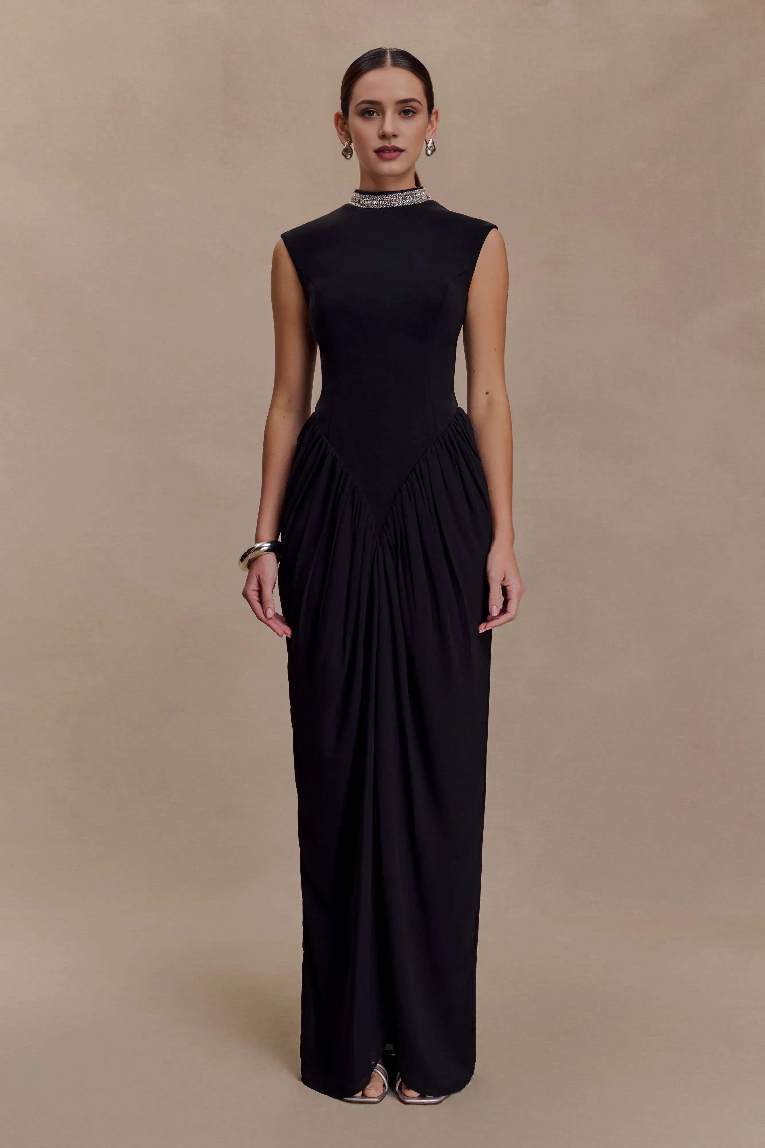 Stylish Sheath Mock Neck Sleeveless Ruched Back Floor Length Prom Dress