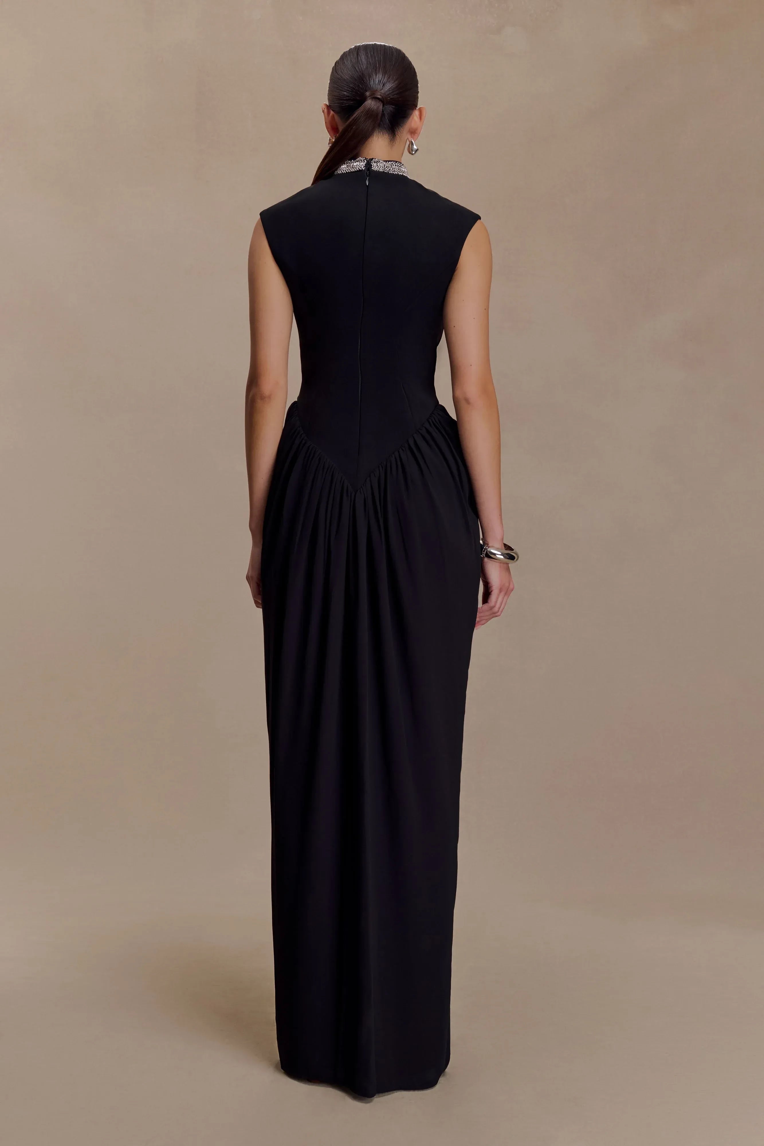 Stylish Sheath Mock Neck Sleeveless Ruched Back Floor Length Prom Dress