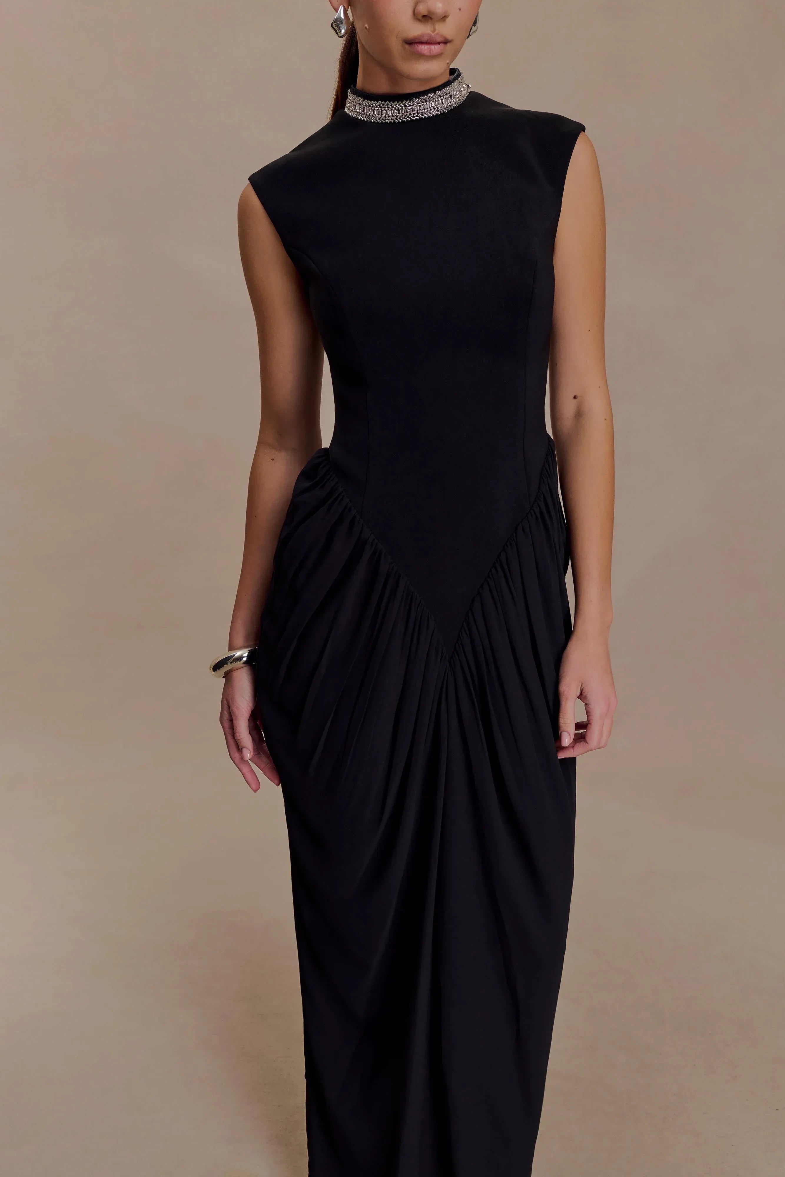 Stylish Sheath Mock Neck Sleeveless Ruched Back Floor Length Prom Dress