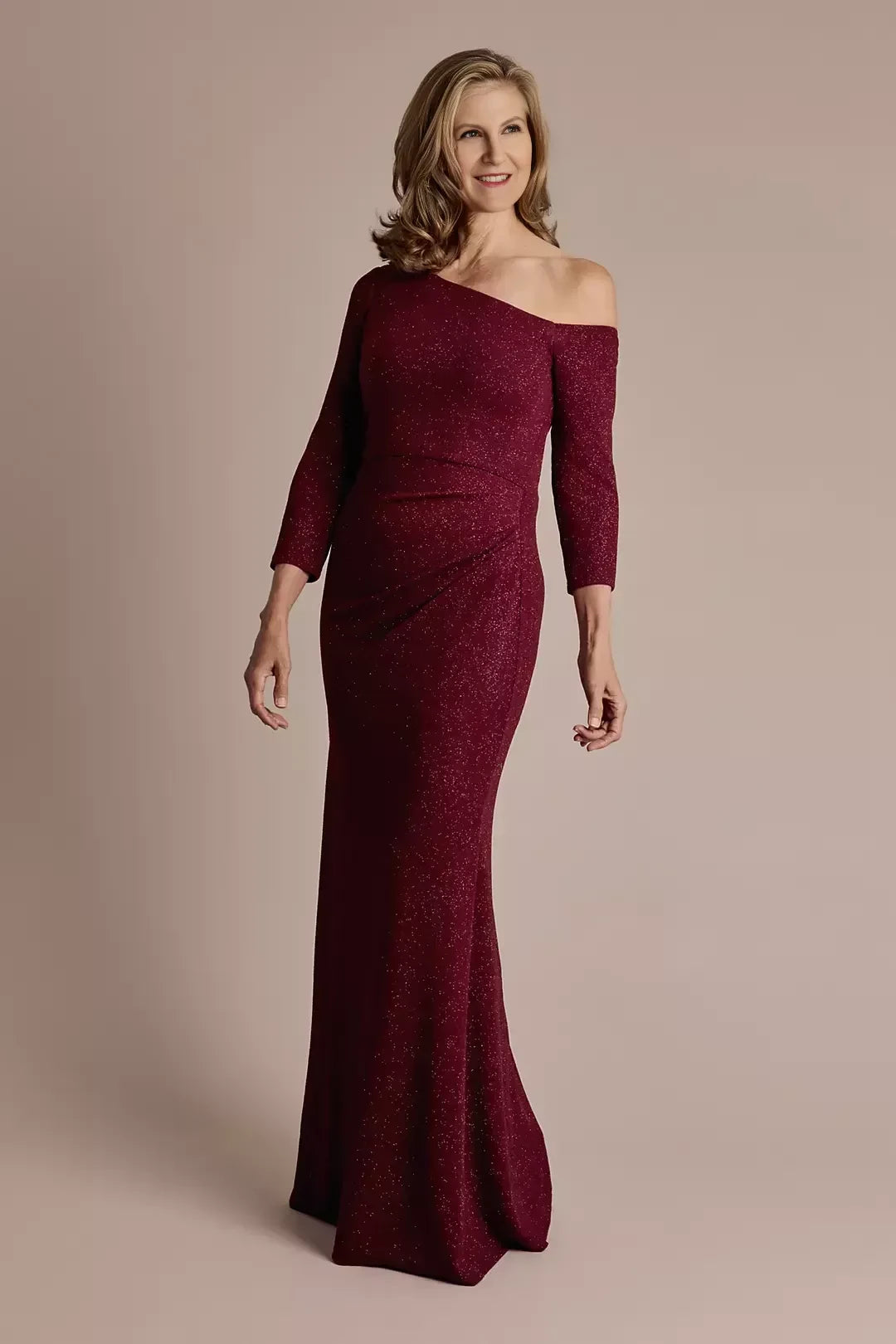 Stylish Sheath One Shoulder Three Quarter Sleeve Plain Back Floor Length Mother of the Bride Dress