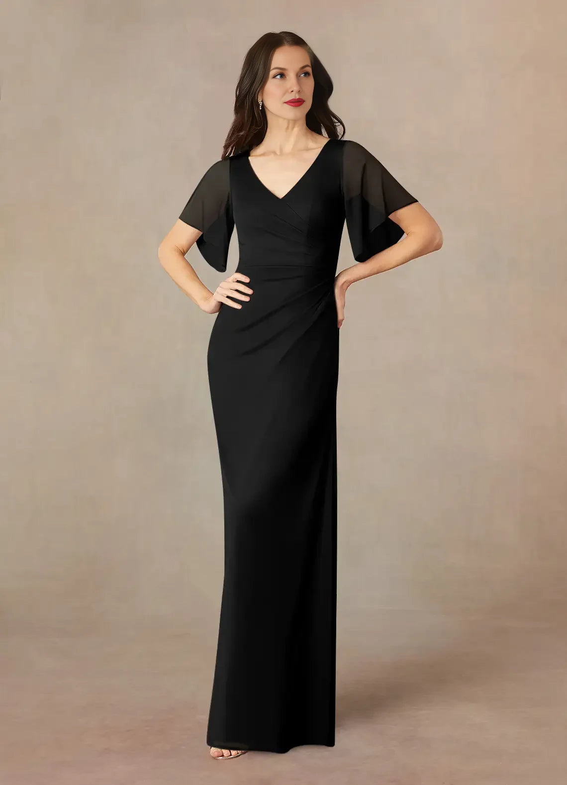 Stylish Sheath V Neck Flutter Sleeve Ruched Back Floor Length Mother of the Bride Dress