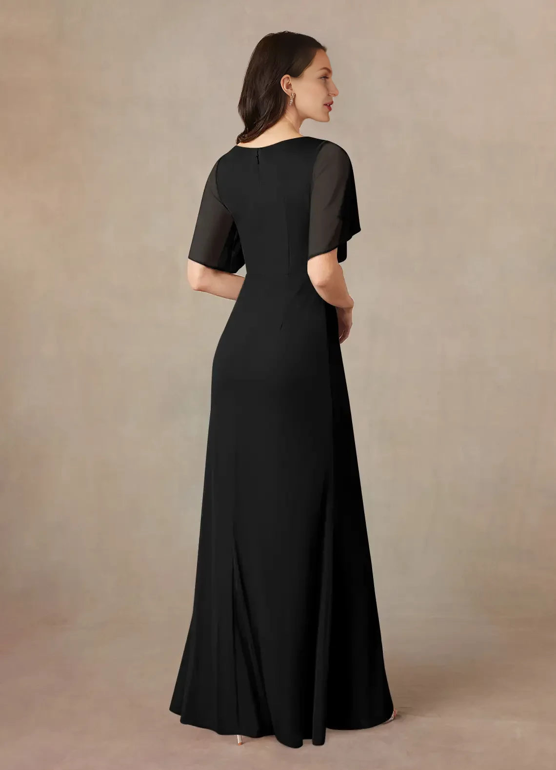 Stylish Sheath V Neck Flutter Sleeve Ruched Back Floor Length Mother of the Bride Dress