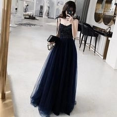Stylish A Line Spaghetti Straps Navy Blue Prom Dress with Beading, Long Evening Dress simple gentle atmospheric and unique desi Bring summer colors to enhance whiteness