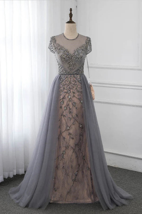 Stylish Jewel Appliques Short Sleeves Prom Dresses with Rhinestone Simple gentle atmospheric and unique design