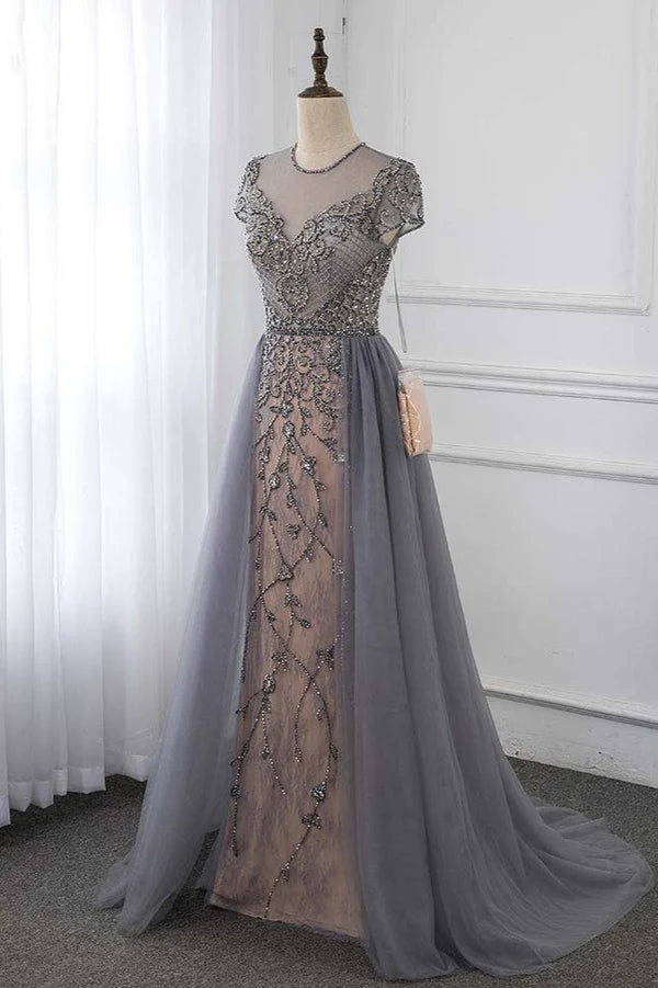 Stylish Jewel Appliques Short Sleeves Prom Dresses with Rhinestone Simple gentle atmospheric and unique design