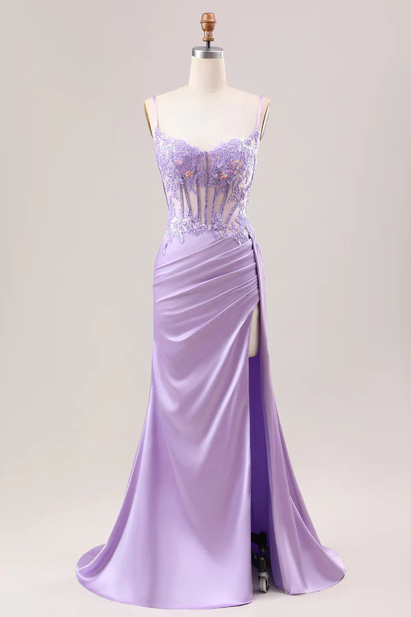 Stylish Lilac Mermaid Pleated Sequin Corset Long Prom Dress With Slit simple gentle atmospheric and unique desi