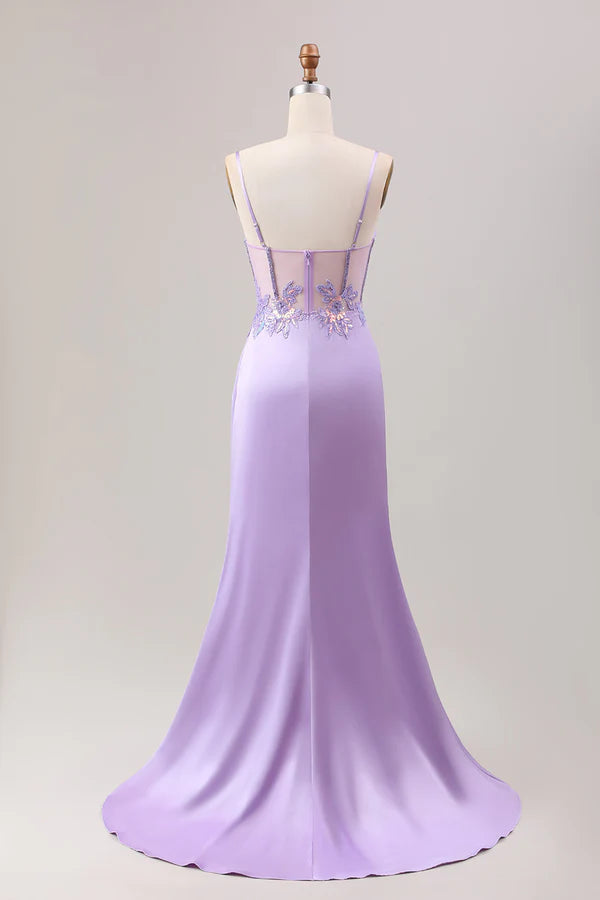 Stylish Lilac Mermaid Pleated Sequin Corset Long Prom Dress With Slit simple gentle atmospheric and unique desi