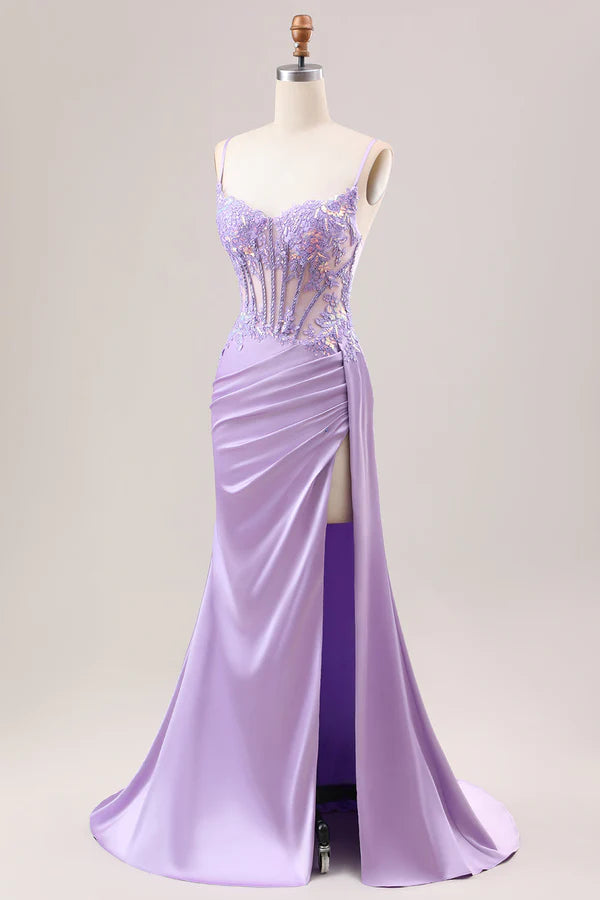 Stylish Lilac Mermaid Pleated Sequin Corset Long Prom Dress With Slit simple gentle atmospheric and unique desi