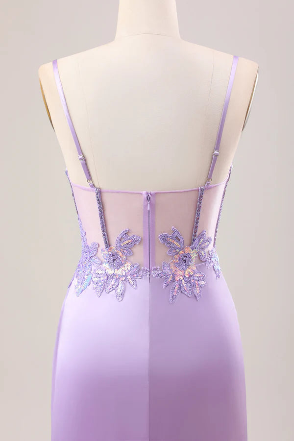 Stylish Lilac Mermaid Pleated Sequin Corset Long Prom Dress With Slit simple gentle atmospheric and unique desi