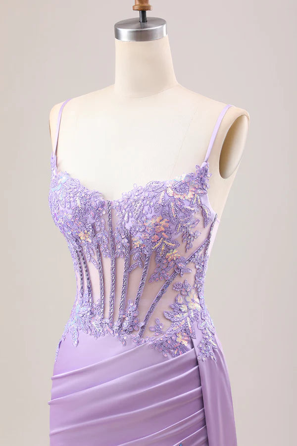 Stylish Lilac Mermaid Pleated Sequin Corset Long Prom Dress With Slit simple gentle atmospheric and unique desi