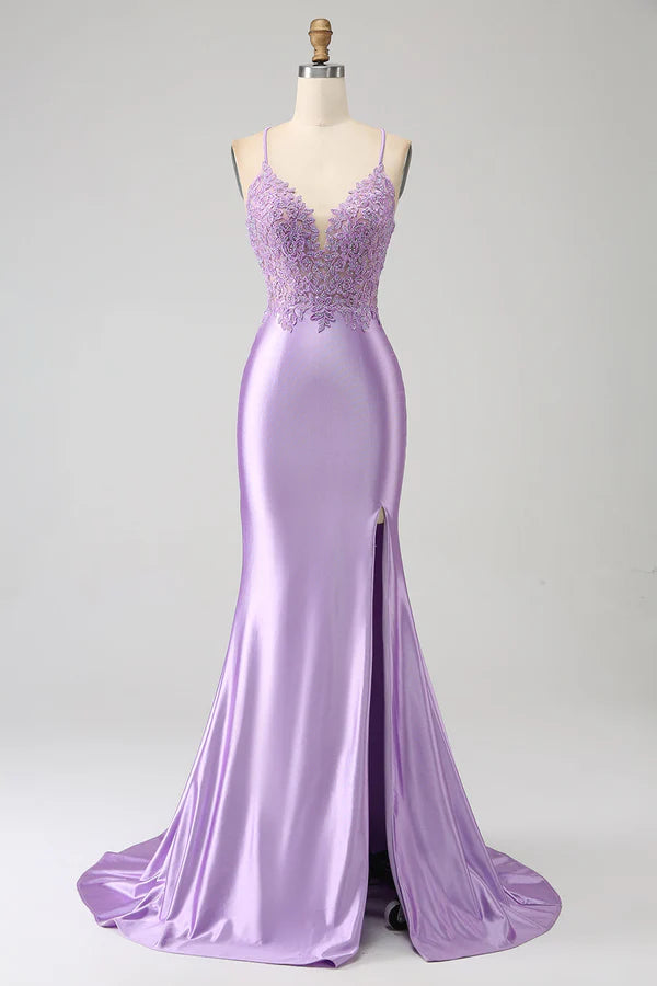 Stylish Mermaid Spaghetti Straps Lilac Long Prom Dress with Appliques Slit simple gentle atmospheric and unique desi