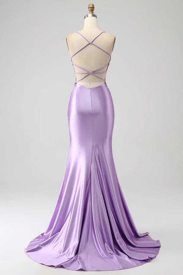 Stylish Mermaid Spaghetti Straps Lilac Long Prom Dress with Appliques Slit simple gentle atmospheric and unique desi