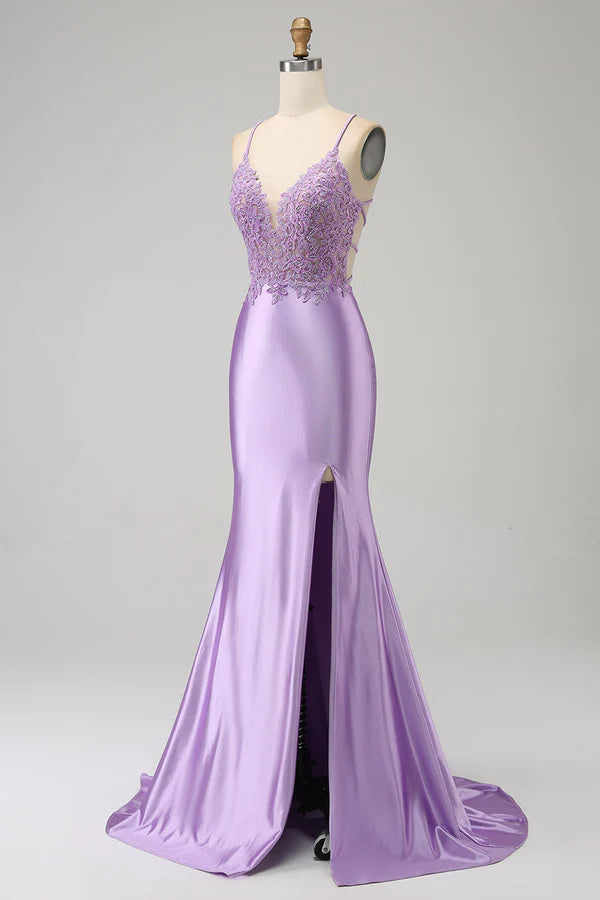 Stylish Mermaid Spaghetti Straps Lilac Long Prom Dress with Appliques Slit simple gentle atmospheric and unique desi