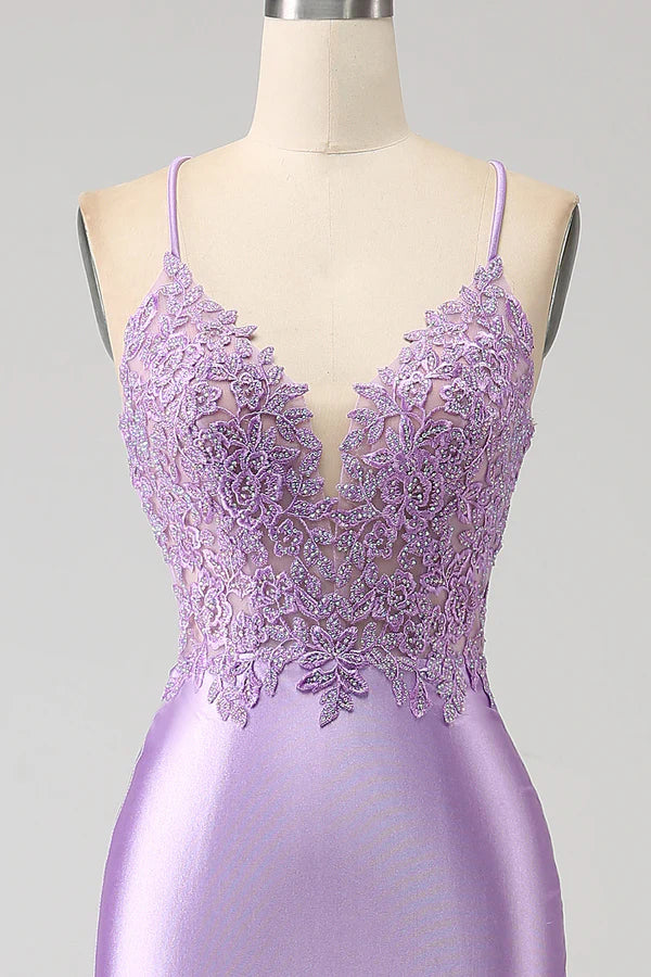 Stylish Mermaid Spaghetti Straps Lilac Long Prom Dress with Appliques Slit simple gentle atmospheric and unique desi