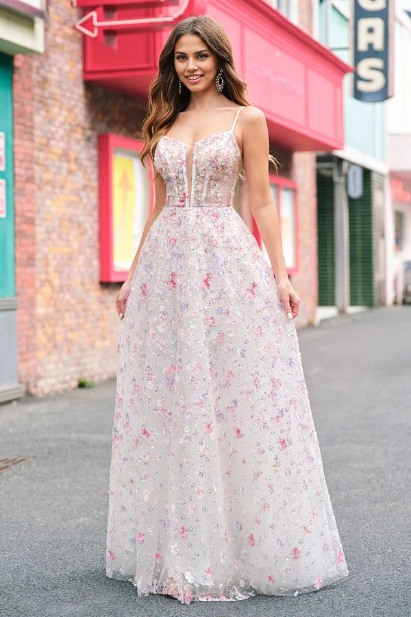 Stylish Pink A Line Spaghetti Straps Floral Beaded Prom Dress with Lace Up Back simple gentle atmospheric and unique desi Bring summer colors to enhance whiteness