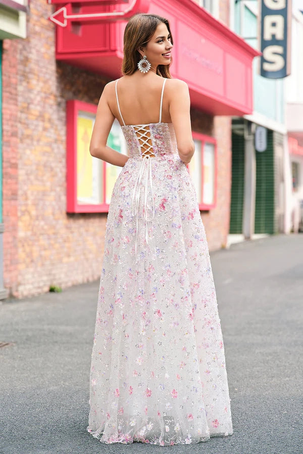 Stylish Pink A Line Spaghetti Straps Floral Beaded Prom Dress with Lace Up Back simple gentle atmospheric and unique desi Bring summer colors to enhance whiteness