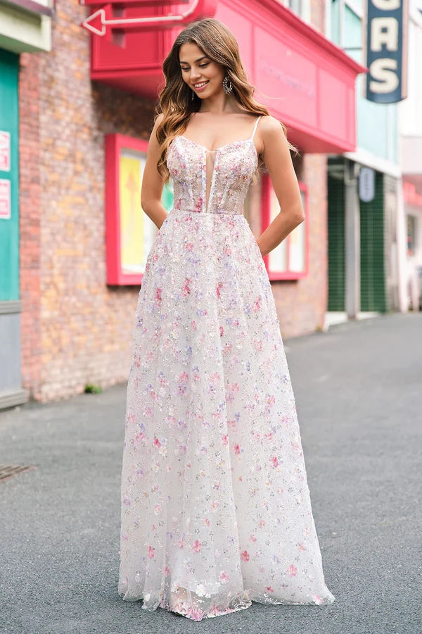 Stylish Pink A Line Spaghetti Straps Floral Beaded Prom Dress with Lace Up Back simple gentle atmospheric and unique desi Bring summer colors to enhance whiteness