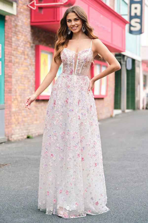 Stylish Pink A Line Spaghetti Straps Floral Beaded Prom Dress with Lace Up Back simple gentle atmospheric and unique desi Bring summer colors to enhance whiteness