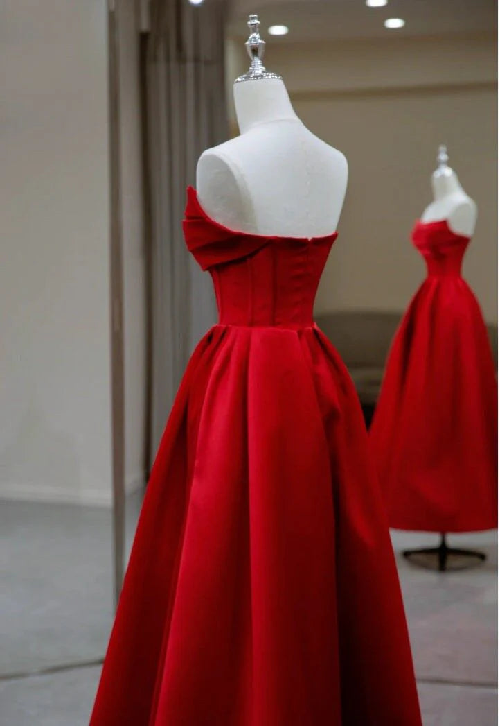 Stylish Red Satin Backless Pleated A Line Evening Gown Prom Dress simple gentle atmospheric and unique desi Bring summer colors to enhance whiteness
