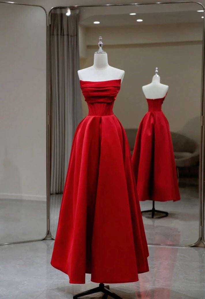 Stylish Red Satin Backless Pleated A Line Evening Gown Prom Dress simple gentle atmospheric and unique desi Bring summer colors to enhance whiteness