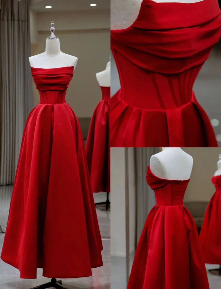 Stylish Red Satin Backless Pleated A Line Evening Gown Prom Dress simple gentle atmospheric and unique desi Bring summer colors to enhance whiteness
