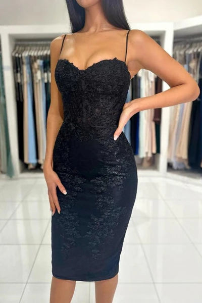 Stylish Short Black Spaghetti Straps Cocktail Dress with Lace Details Simple gentle atmospheric and unique design