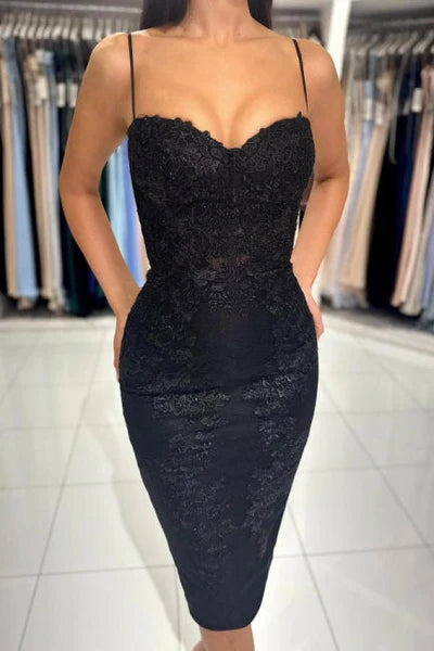 Stylish Short Black Spaghetti Straps Cocktail Dress with Lace Details Simple gentle atmospheric and unique design