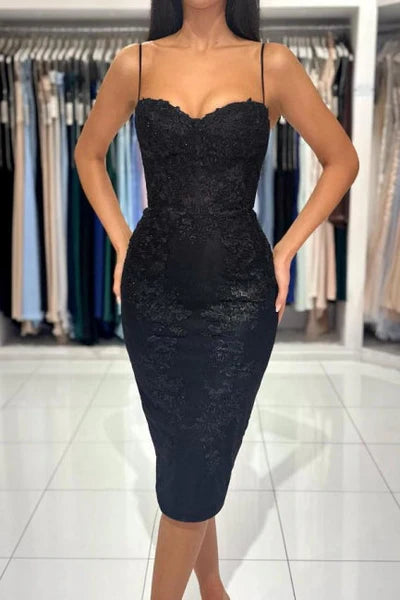 Stylish Short Black Spaghetti Straps Cocktail Dress with Lace Details Simple gentle atmospheric and unique design
