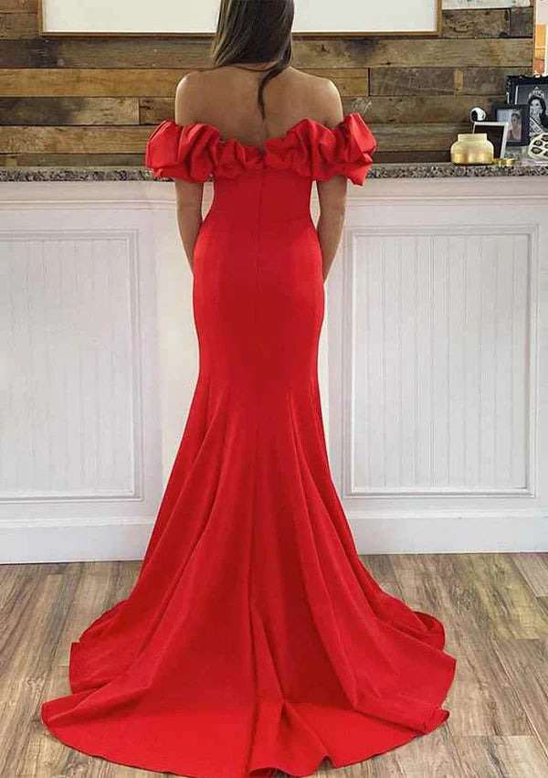 Stylish Sleeveless Off-the-Shoulder Sheath/Column Prom Dress/Evening Dress with Ruffles & Split - Satin Sweep Train