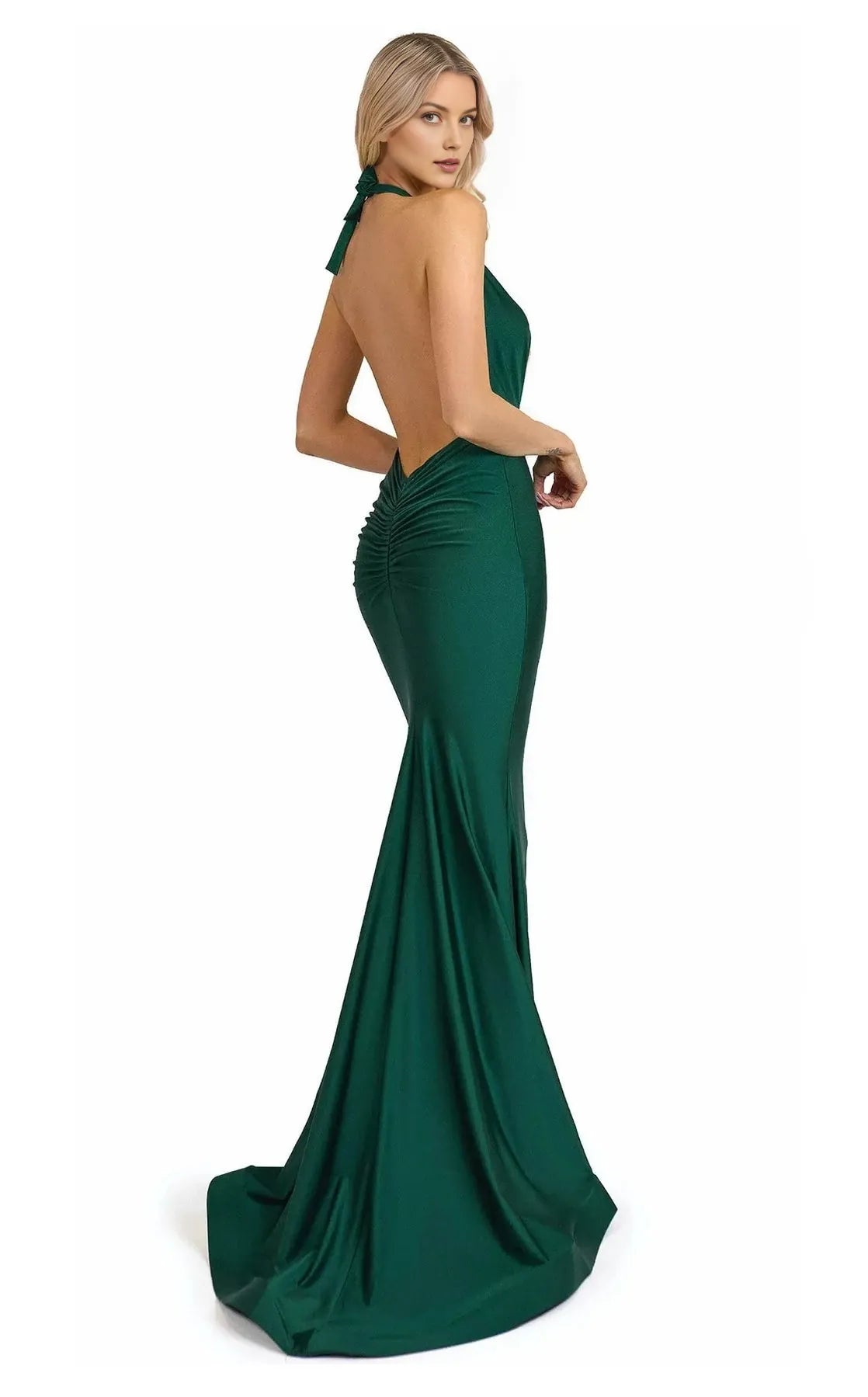 Sultry Mermaid Plunging-Halter Sleeveless Open-Back Floor-Length Prom Dress