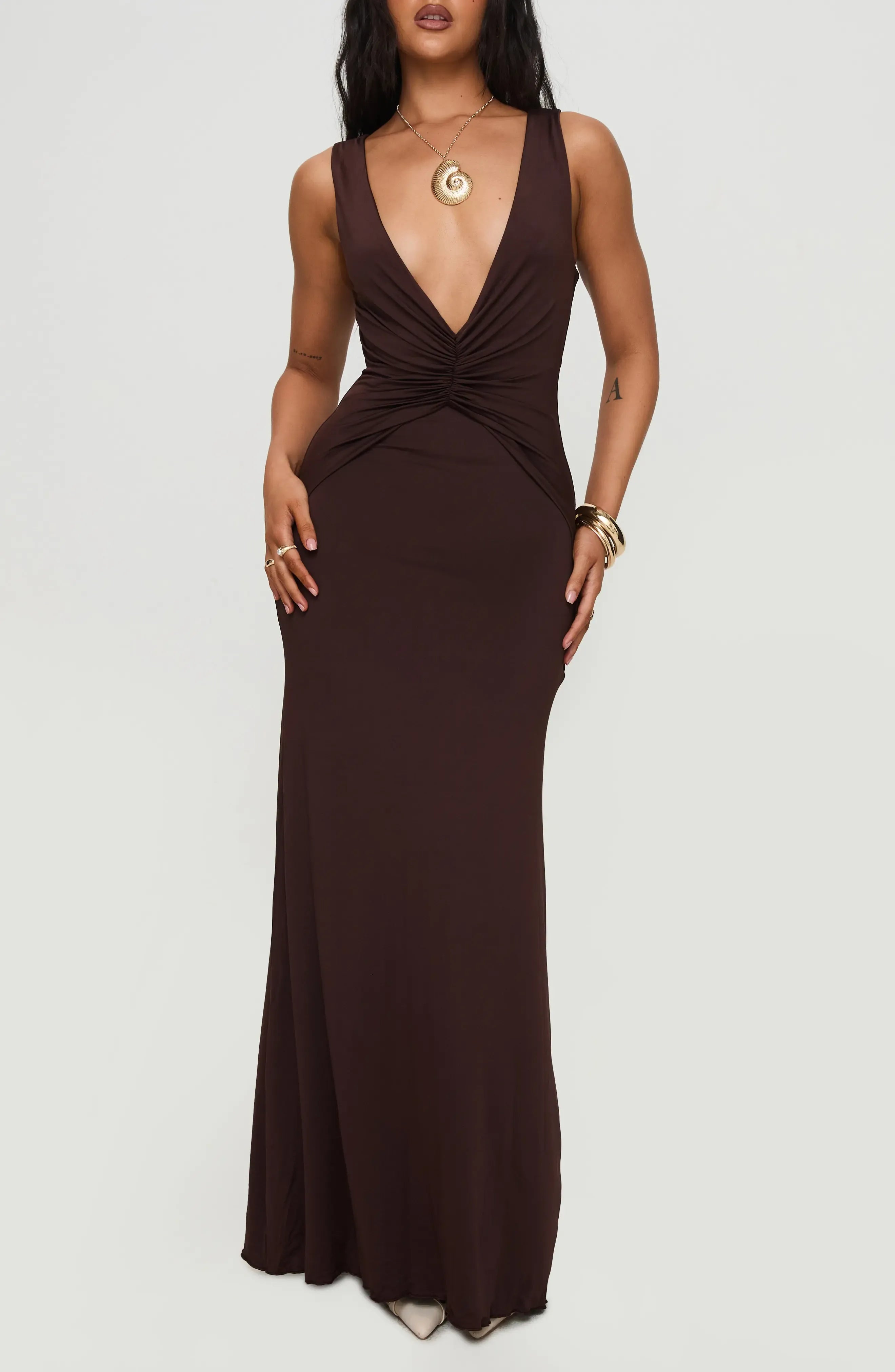 Sultry Ruched Mermaid Deep V Neck Sleeveless Cut Out Back Floor Length For Sale Prom Dress