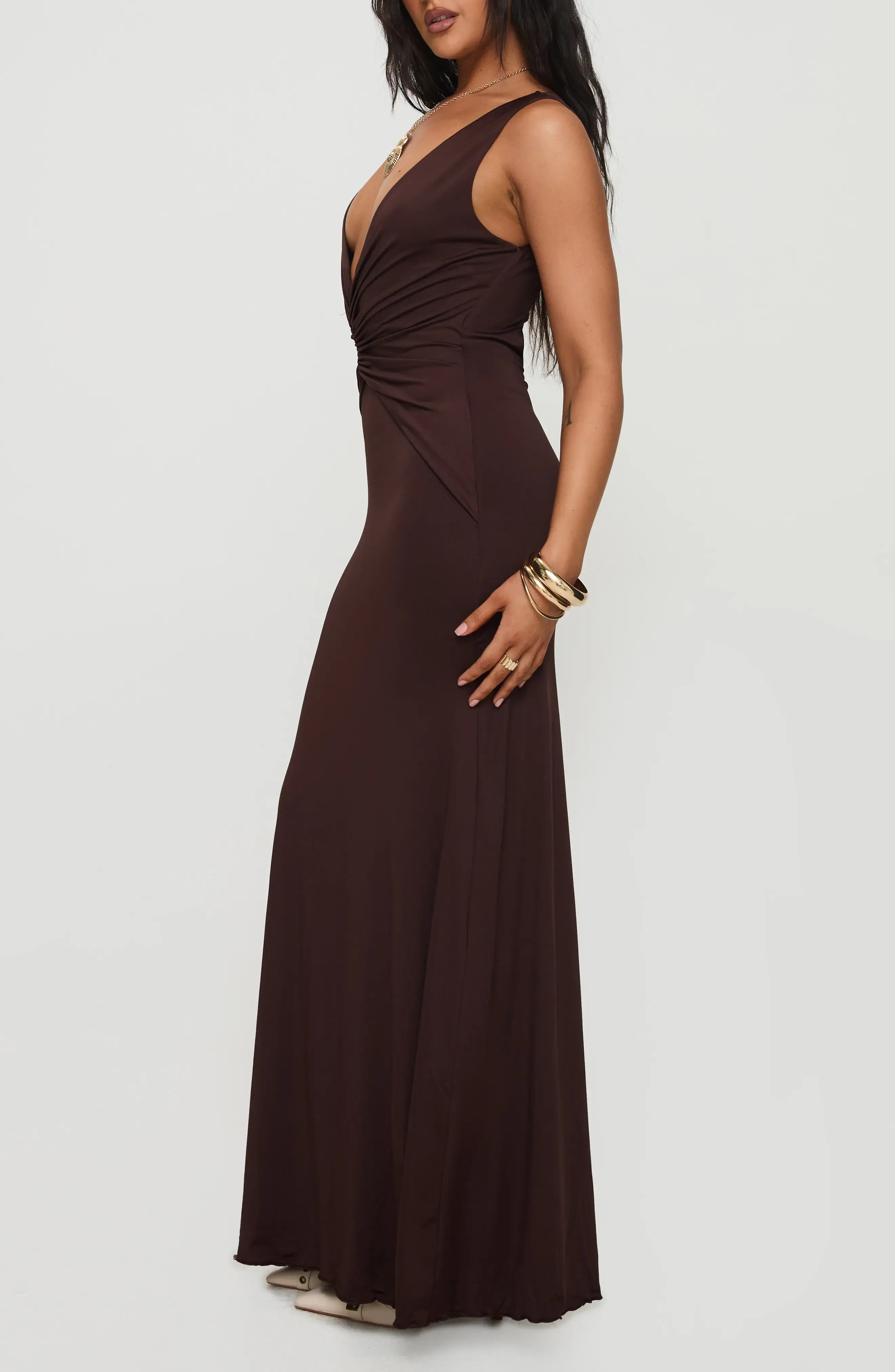 Sultry Ruched Mermaid Deep V Neck Sleeveless Cut Out Back Floor Length For Sale Prom Dress