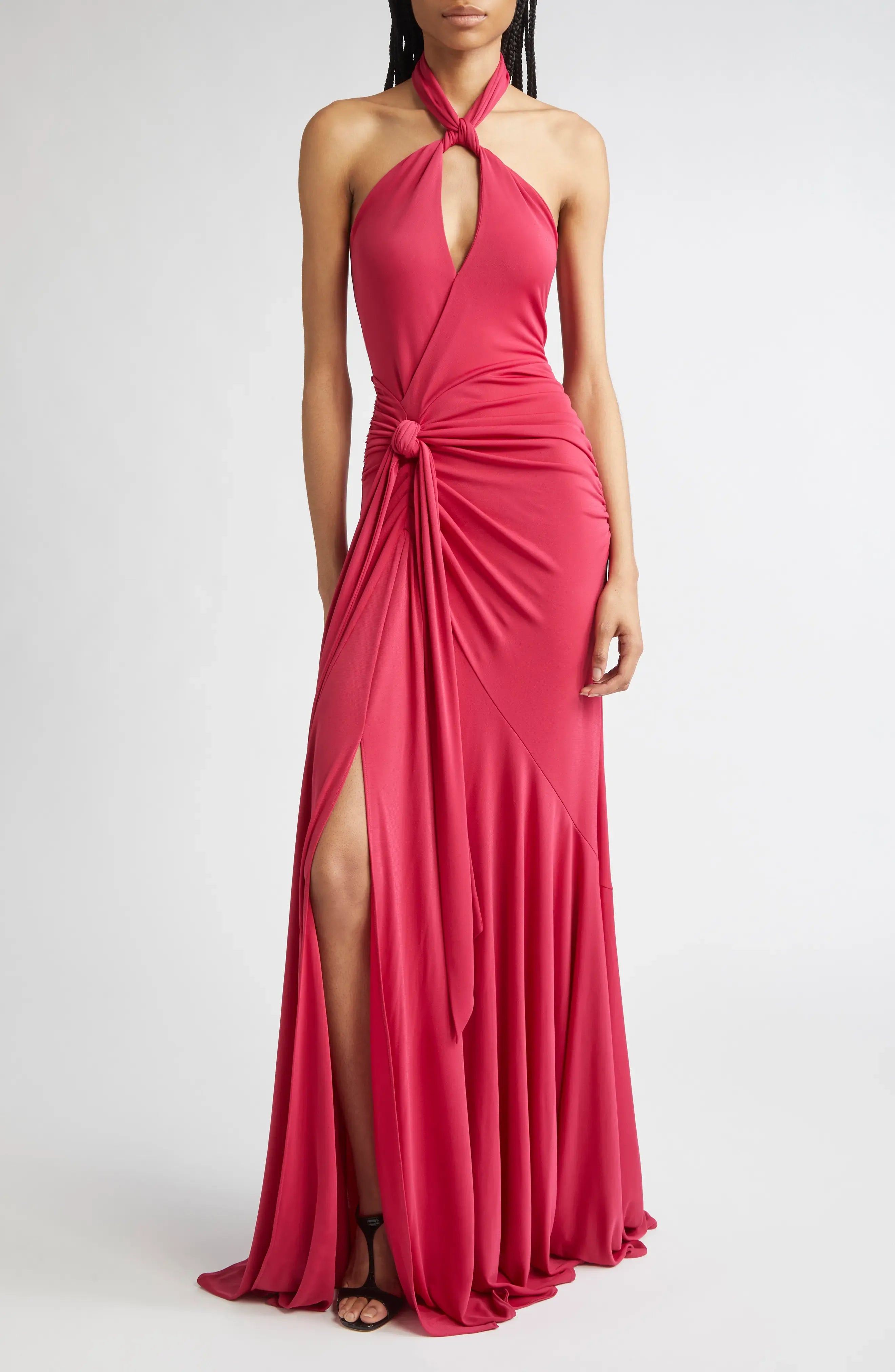 Sultry Ruched Mermaid Halter Neck Sleeveless Open Back Floor Length For Adults Prom Dress