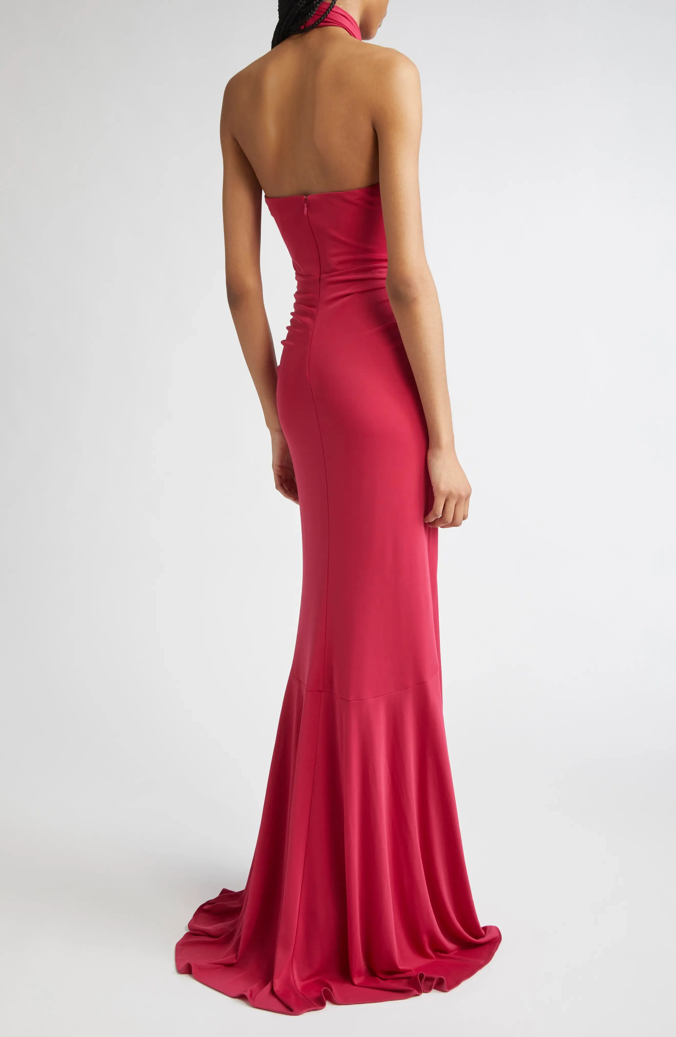 Sultry Ruched Mermaid Halter Neck Sleeveless Open Back Floor Length For Adults Prom Dress
