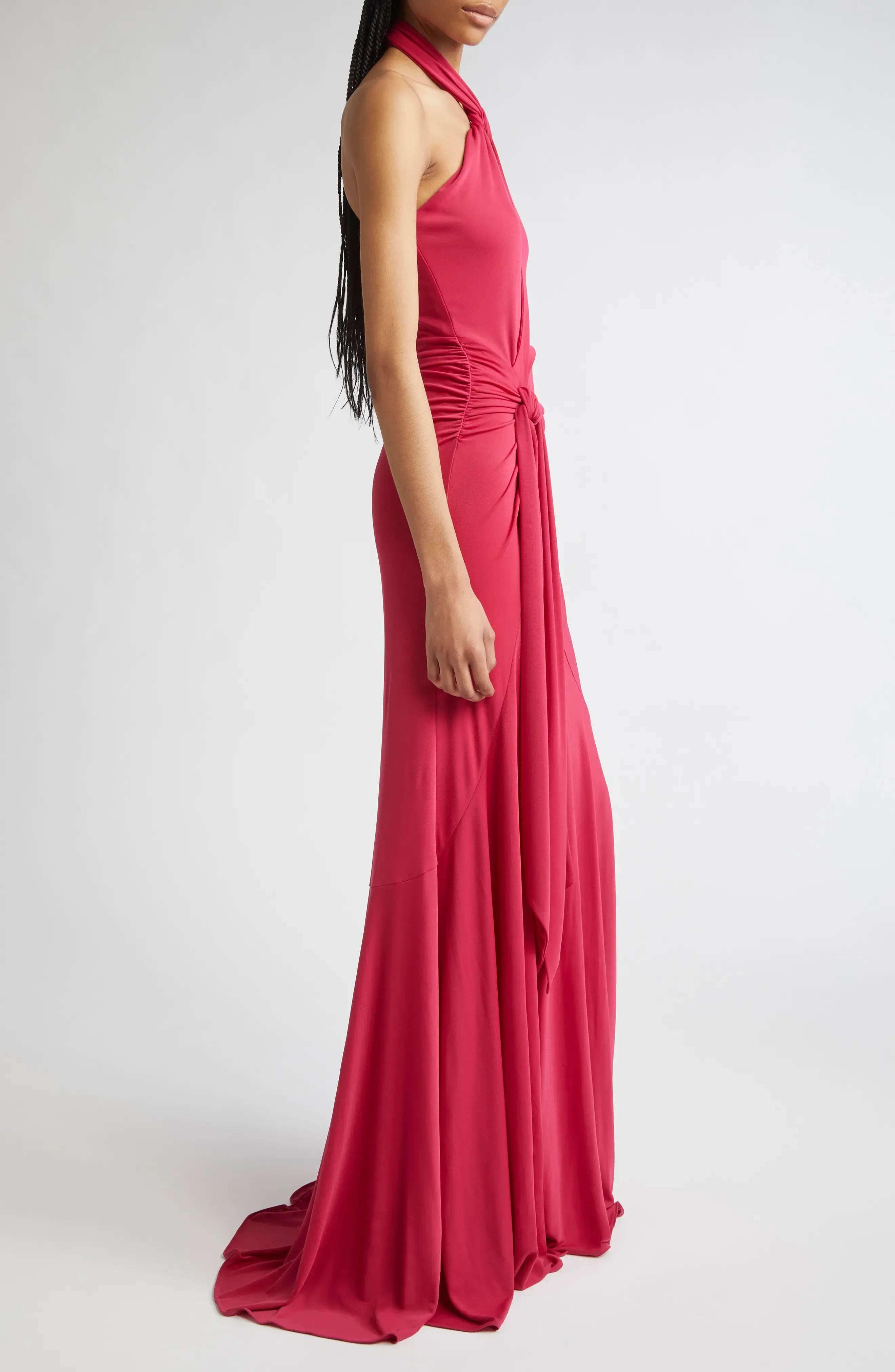 Sultry Ruched Mermaid Halter Neck Sleeveless Open Back Floor Length For Adults Prom Dress