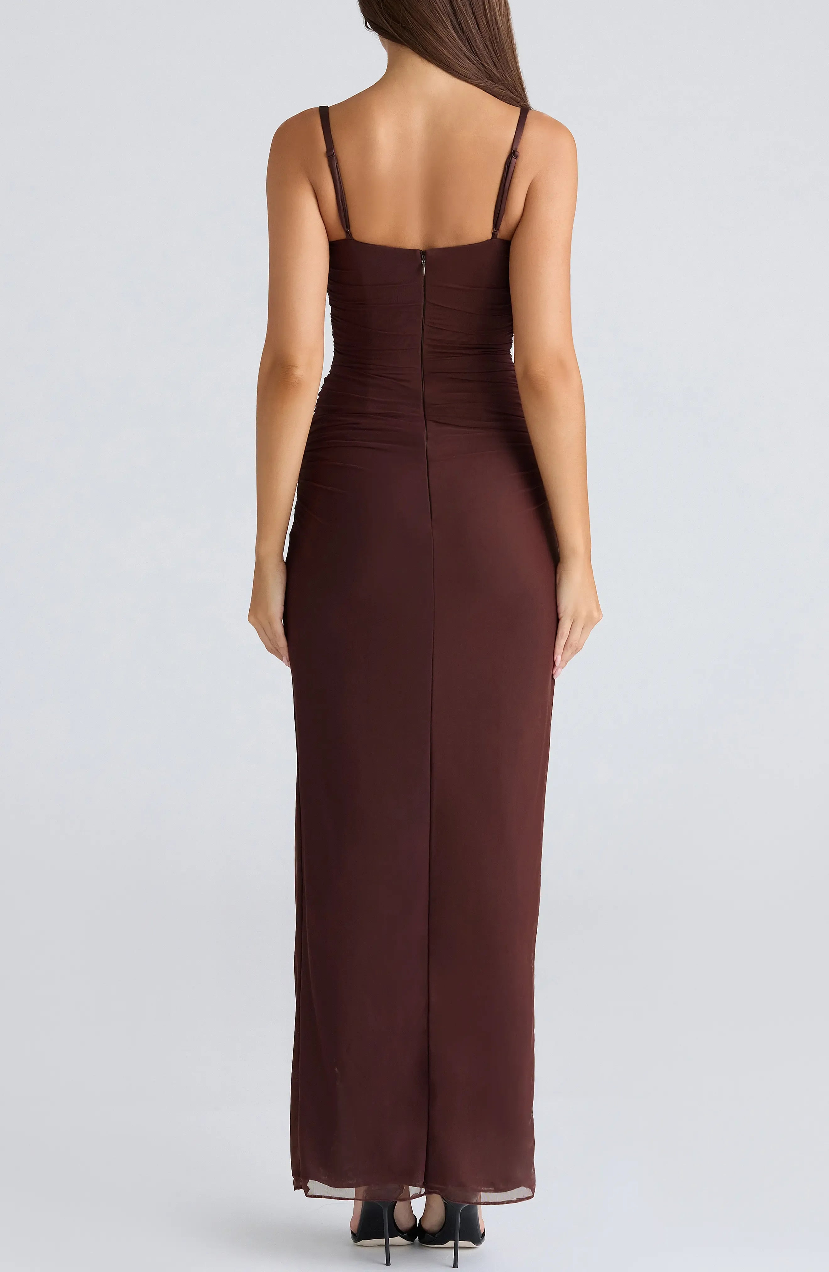 Supple Ruched Square Neck Spaghetti Strap Zipper Back Floor Length Female Evening Dress