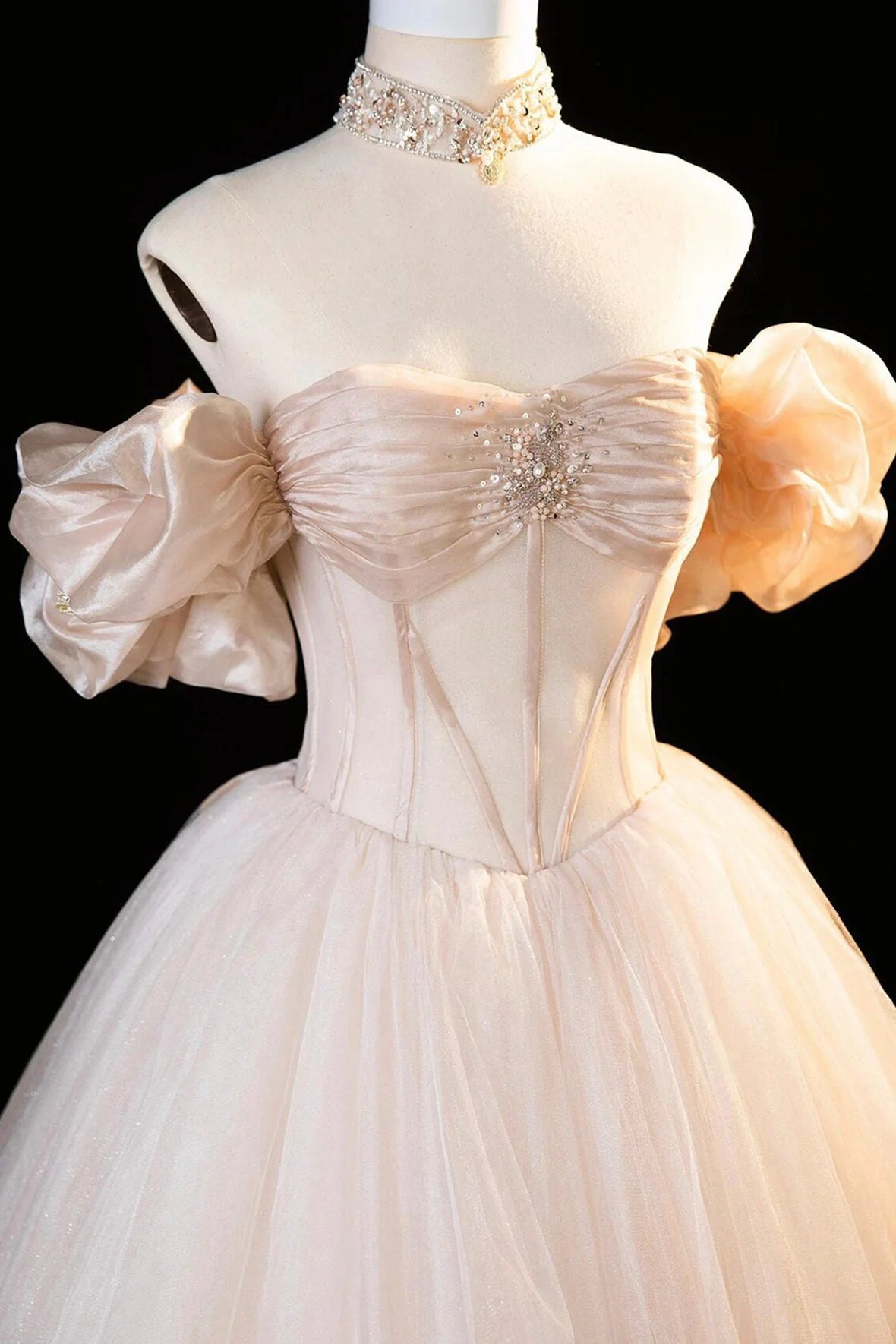 Sweet Tulle Corset Long Prom Dress Off the Shoulder Evening Party Dress simple gentle atmospheric and unique desi Brin