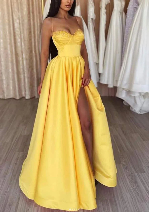 Sweetheart A-Line Spaghetti Straps Satin Prom Dress/Evening Dress With Beading Pleated Split Simple gentle atmospheric and unique design