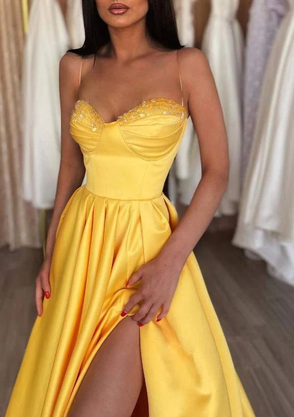 Sweetheart A-Line Spaghetti Straps Satin Prom Dress/Evening Dress With Beading Pleated Split Simple gentle atmospheric and unique design
