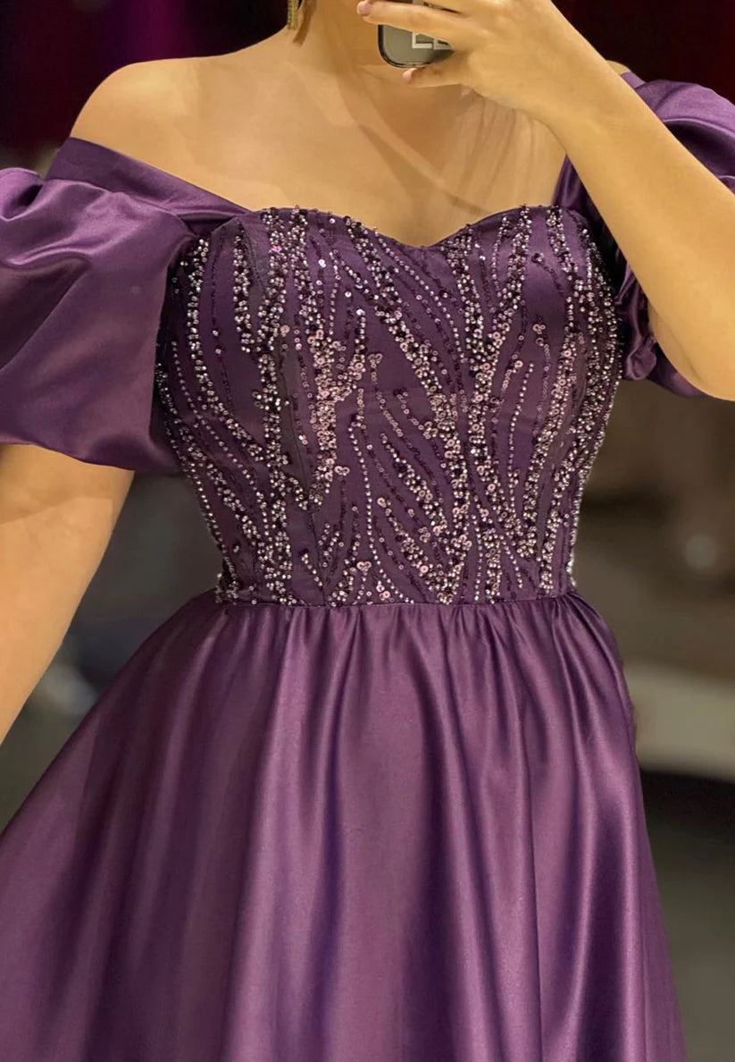 Sweetheart Beaded Puff Sleeves Pleated Satin A-Line Evening Dress simple gentle atmospheric and unique desi Bring summer colors to enhance whiteness