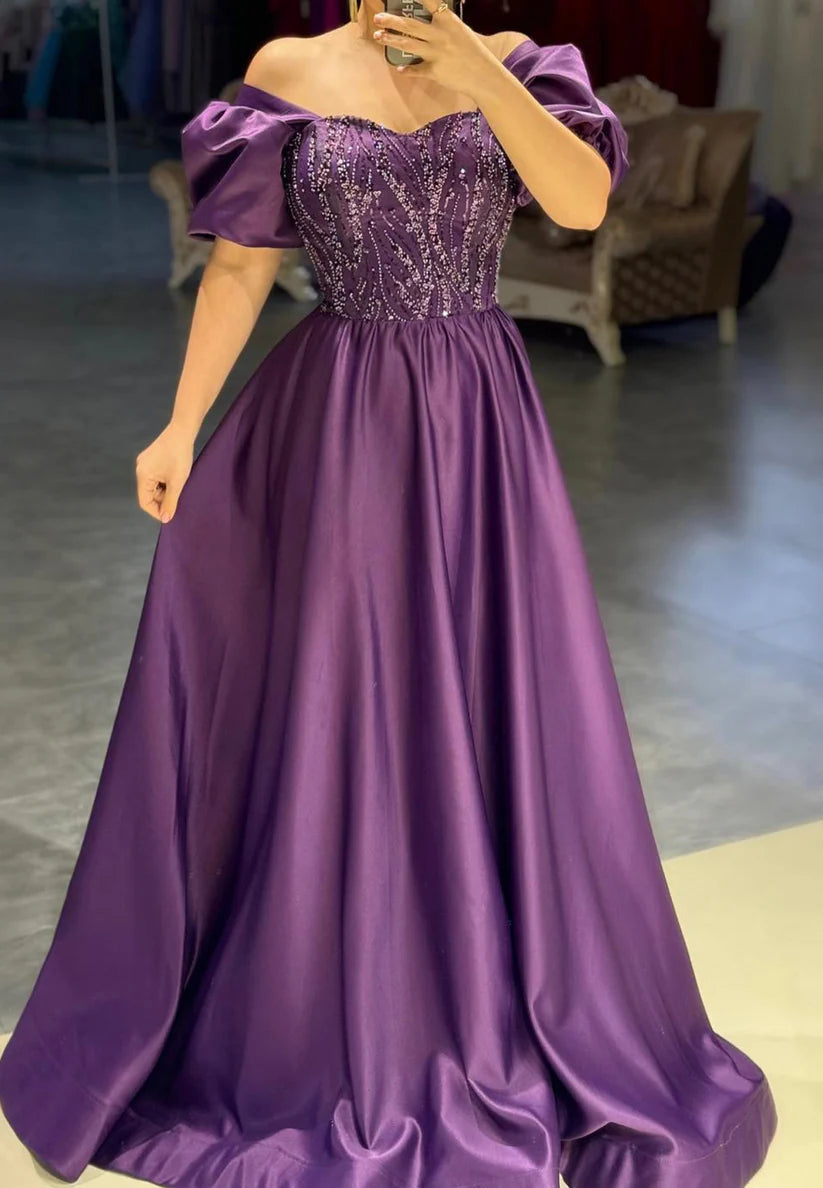 Sweetheart Beaded Puff Sleeves Pleated Satin A-Line Evening Dress simple gentle atmospheric and unique desi Bring summer colors to enhance whiteness